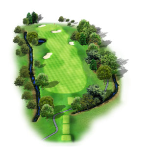 Voici le plan du trou 1 du parcours des Chênes, au golf des Yvelines (La-Queue-lez-Yvelines)